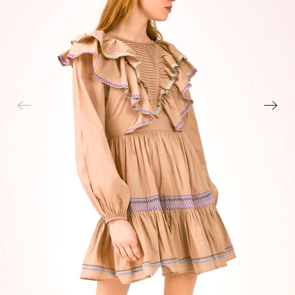 Something Navy Tan Peasant Dress with Ruffles Size Small